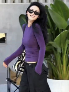 Purple Long Sleeve T-shirt Womens Spring and Autumn Fancy Elegant Silm Slim Looking Inner Bottoming Shirt Early Autumn Chic Tops