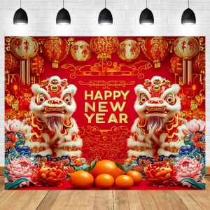 VIKAMA Chinese New Year Tapestry Double Lion Play Ball Peony Living Room Background Wall Spring Festival Party Decoration