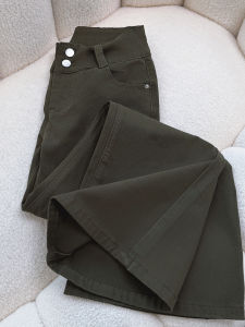 MANMI | Quần Jeans Chân Rộng Đai Cao Màu Xanh Ô-liu Có 2 Nút
