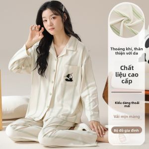 Bộ đồ ngủ nữ MiiOW dài tay cổ bẻ in họa tiết gấu trúc thoải mái