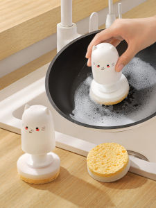 Cartoon Cat Wok Brush For Home Wash Wok Brush Sub Bruch Head Can Be Refill Brush Kitchen Special Wood Pulp Sponge Brush Bowl