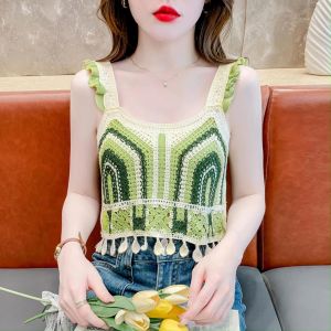 ใหม่ 2024 ฤดูร้อนเสื้อกั๊กผู้หญิง Hem ตกแต่งดอกไม้เย็บปักถักร้อยรูปแบบเสื้อผ้าสั้น