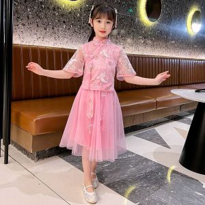 LS Show ชุดกี่เพ้า2ชิ้นสำหรับเด็กผู้หญิงชุดกี่เพ้าแขนสั้นชุดเจ้าหญิงอายุ3-15ปี100-160ซม.