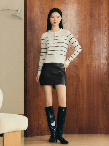 Spring 2026 French Stripe Beaded Round Collar Pure Wool Knitted Cardigan
