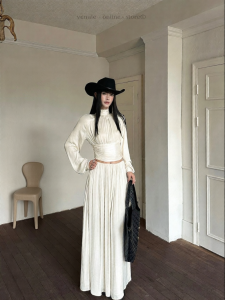 VENUIE | Stand Collar Long Sleeve Shirt High Waist Long Pleated Skirt Set Fall Winter