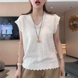 Shalldoer | Korean Style Butterfly Lace Splice Knitted Top Womens Fashion Unique Summer Special Edition Loose Fit V-neck Short Sleeve