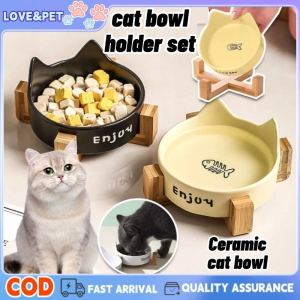 Ceramic Cat Bowl Holder Set Wood Stand High Foot Dog Food Bowl Anti-overturning Non Slip Water Bowl