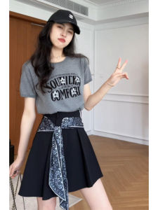 YUEZHONGWEI | Retro American Grey Short Sleeve T-Shirt Women Summer Slim Fit Letter Print Top Korean Style Casual Polyester Fiber Tee