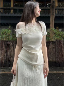 YUEZHONGWEI | French Style One Shoulder Knitted Short Sleeve T-Shirt Women Summer Slimming Exposed Shoulder Top White Floral Creative Design