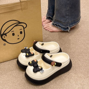 Womens Height Increasing Hole Shoes Summer Fashion Outdoor Cute Bows Thick Sole Non Slip Beach Closed Toe Two-Way Sandals