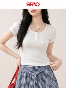 spao | White U-neck Button Short Sleeve T-shirt Summer Slim Fit