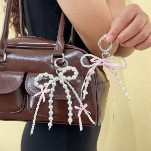 【♡Lovely girls house♡】พวงกุญแจห้อยกระเป๋าที่ใส่กุญแจลูกปัดไข่มุกแฟชั่นพวงกุญแจโบว์สีชมพูหวาน