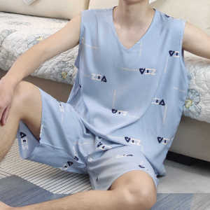 Bộ Đồ Ngủ Mùa Hè Mỏng Bằng Lụa Cotton Không Tay Quần Short Họa Tiết Hoạt Hình Cho Nam Bộ Đồ Ngủ Bằng Lụa Cotton Mát Mẻ