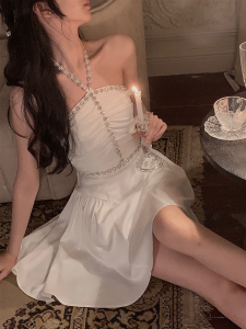 Birthday Gift Skirt Summer Mid Length Long Length Satin Cold Fancy Open Back Stylish White Rhinestone Halterneck Dress