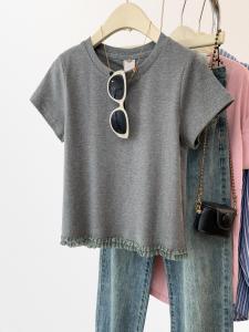 YIFENGXIN | Lace Trim Gray Round Neck T-Shirt Petite Fit