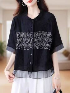 WANGGONGZHU | Princess Style Embroidered Short Sleeve Womens Shirts Summer 2025 Loose Fit Casual Fashionage Reducing Top Heavy Work