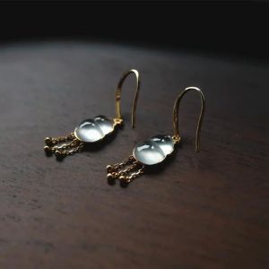 Unique Design Jade Chalcedony Gourd Ear Hooks Silver Plated Tassel Earrings