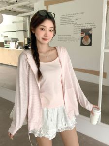 Pink Zipper Hooded Striped Long Sleeve Open Cardigan Womens Casual Loose Versatile Sweatshirt Top for Autumn Season