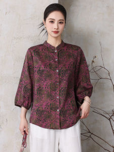 OUSHILU | Elegant Silk Shirt 3/4 Sleeve Stand Collar