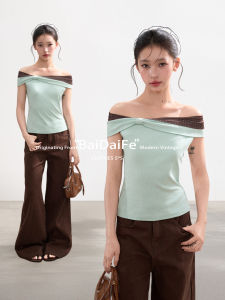 BAIDAIFEI | Green Polka Dot Color Block Off-shoulder Slimming T-Shirt