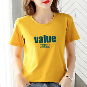 Loose Short Sleeve T-Shirt Womens Yellow Floral Print Pure Cotton Summer Versatile Half Sleeve Top Korean Style round Neck