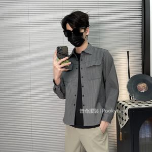 Pookytage Mens Long Sleeve Shirt Casual Spring Lightweight Comfortable Folded Texture Jacket Thin Outerwear Standard Fit Pure Color