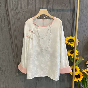 plus Size Womens Fashion Retro Style Stand Collar Tunic Top with Hidden Floral Print Sleeve Cuffs And Embroidered Flowers for Full Figured Ladies