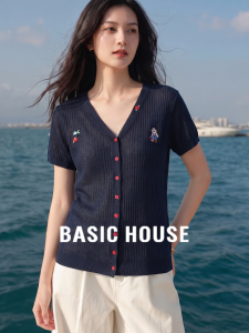 Basic House | Navy 100% Tencel Thin Embroidered Short Sleeve Knit Cardigan
