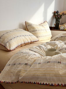 Soft Pure Cotton Bedding Set Cherry Red Washed Color Woven Four Piece Suite Cotton Bed Sheet Cover Duvet Cover Bed Canopy