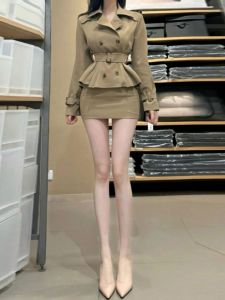 Unique Personality Double Button Kaki Color Top And Skirt Two Piece Set Spring Autumn Fashionable Button Dressing Cotton Fabric