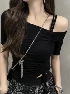 Áo Thun Tay Ngắn Hở Vai Thắt Dây Thời Trang Mùa Hè 2024 Dành Cho Nữ Dáng Ôm Cotton Pha Lanh Màu Trơn Phong Cách Hàn Quốc