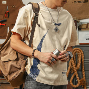 Seasonal Pure ผ้าฝ้าย เสื้อยืดแขนสั้นคอกลมพิมพ์ลาย หลวม Fit American สไตล์ลำลอง ผู้ชาย เสื้อท่อนบน ระบายอากาศได้ดี ฤดูร้อน แฟชั่น