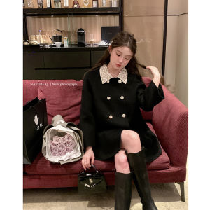 Yang Xiaoxiao Miu Style Gold Style Two-Way Wear Double-Faced Woolen Goods 1oo Wool Black Coat Female Fancy Woolen Outwear