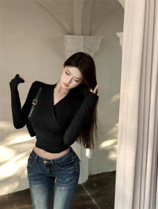 GUZILIAN | Avocado Green Cross Waist V Neck Long Sleeve Base Shirt Womens Spring New Style Atmosphere Short Inner Wear T Shirt