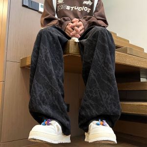 Tie-Dye Corduroy Mens Autumn Winter Loose Wide Leg Thickened Fleece Casual Sweatpants Straight Tube Elastic Waist Long Pants