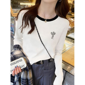 Áo Thun Dài Tay Cổ Tròn Cotton Pha Trộn Dành Cho Nữ Mùa Thu Xuân Thường Ngày Phong Cách Hàn Quốc in Chữ Thời Trang