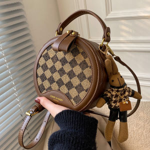 Retro Spring Womens Handbag Plaid Crossbody Small round Bag Fashionable Popular Single Shoulder Bag Casual Simple Style