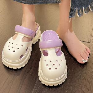 Mary Jane Thick Sole Height Increasing Hole Shoes Womens Summer Outwear 2024 New Arrival Seaside Beach Closed Toe Eva Slippers