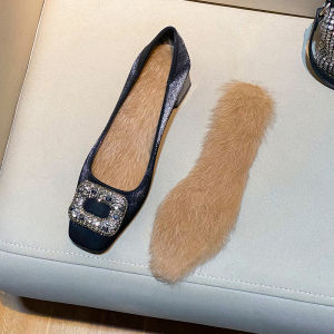 ฤดูหนาว Fluffy WARM รองเท้าส้นสูงของแท้หนังกระต่ายขนสัตว์รองเท้าแทรกสําหรับสตรีบาง Cuttable Pointed-Toe รองเท้า