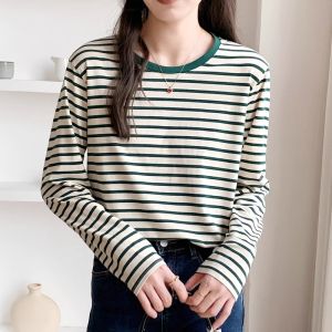 La Chapelle Womens Slim Fit Long Sleeve T-Shirt Pure Cotton Spring Summer New Red Stripe Base Shirt Inner Wear Korean Style
