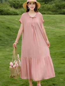 ชุดเดรสยาวผ้าไหมคอตตอนสีพื้นสไตล์ลำลองสำหรับฤดูร้อน ขนาดใหญ่ สำหรับคุณแม่วัยกลางคน ชุดเดรสยาวชายหาดระดับไฮเอนด์