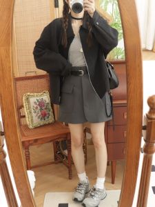 Cao Vòng Eo Ngắn Chân Váy Chữ A Có Thắt Lưng Chống Ánh Sáng Đi Bộ Vintage Phong Cách Bảo Hộ Lao Động Nửa Thân Váy E 7415 Trang Phục Mùa Thu