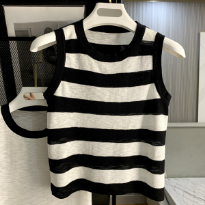 Gentle Easiest for Match Slim-Fit Contrast Colors Knitted Vest Summer Thin Cool Slightly Transparent Outwear Sleeveless Tops Ins