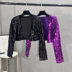 Womens Small Suit 2024 New Arrival Heavy Embroidery Sequins Elegant Cardigan Casual Short Shiny Stage Style Coat Top