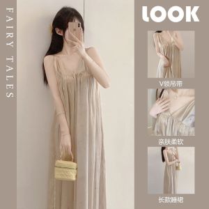 French Elegant Nude Feel V-neck Strap Sleepwear Womens Internet Celebrity Style Summer New Home Clothes Elegance Nightgown
