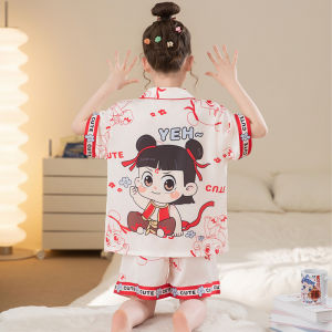 Girls Summer Ice Silk Short Sleeve Sleepwear Cartoon Na Zha Home Clothes Three Piece Set Childrens Home Clothes Breathable Loose Fit