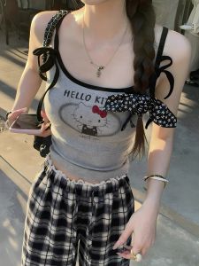 Áo Ba Lỗ Không Tay in Hình Mèo KT Pure Desire Dành Cho Nữ Áo Khoác Ngoài Mùa Hè Ôm Vừa Vặn Thiết Kế Dây Thắt Lưng Phong Cách Ngọt Ngào Và Cay Nồng