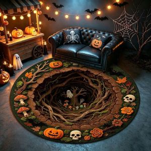 VIKAMA Halloween Gothic Skeleton Death 3D Lâu Đài Thảm Tròn Chống Trơn Trượt Khu Vực Thảm Phòng Khách Trang Trí Ma Quái Mềm Mại Polyester Bền Đẹp