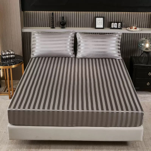 3 in 1 Silk Striped Bedsheet with Pillowcase Full Garterized Luxury Smooth Silky Satin Bed Sheet Set