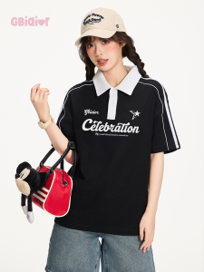 Gbiaior American Letter Print Color Block Short Sleeve Polo Shirt Women Casual Top Polyester Cotton Blend Summer New Arrival